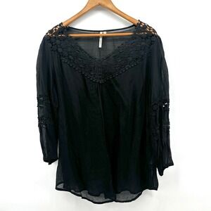 Grand and Greene Top Womens Black Lace Neck Sz XL Long Sleeve Boho Blouse GG21